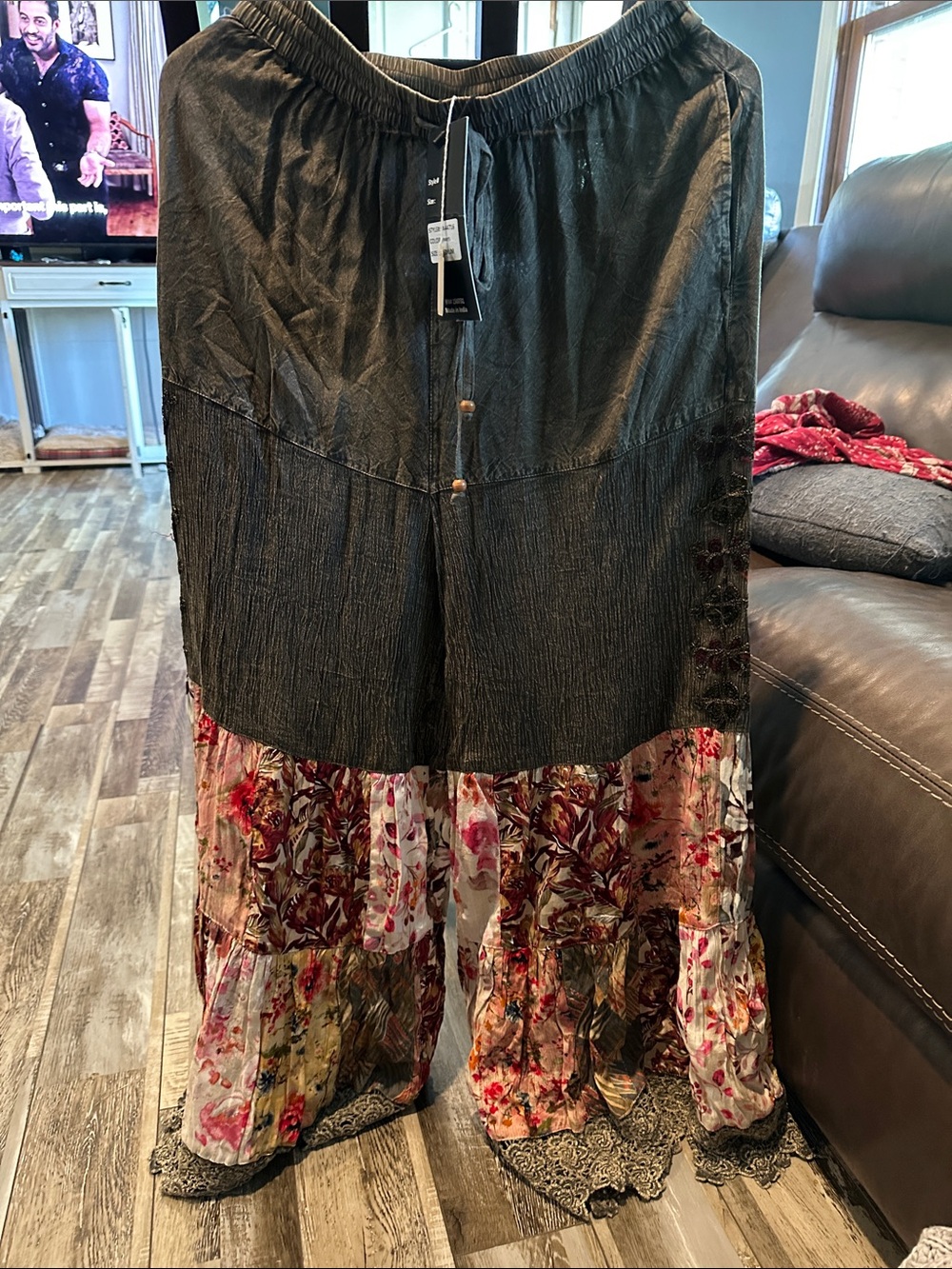 Bohemian Wide Leg Pants with Black Top and Floral Tiered Hem
